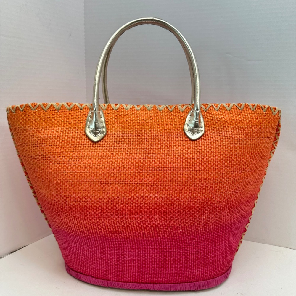 Victoria's Secret Ombre Straw Tote Bag Orange Pink Sunset Beach Metallic Gold